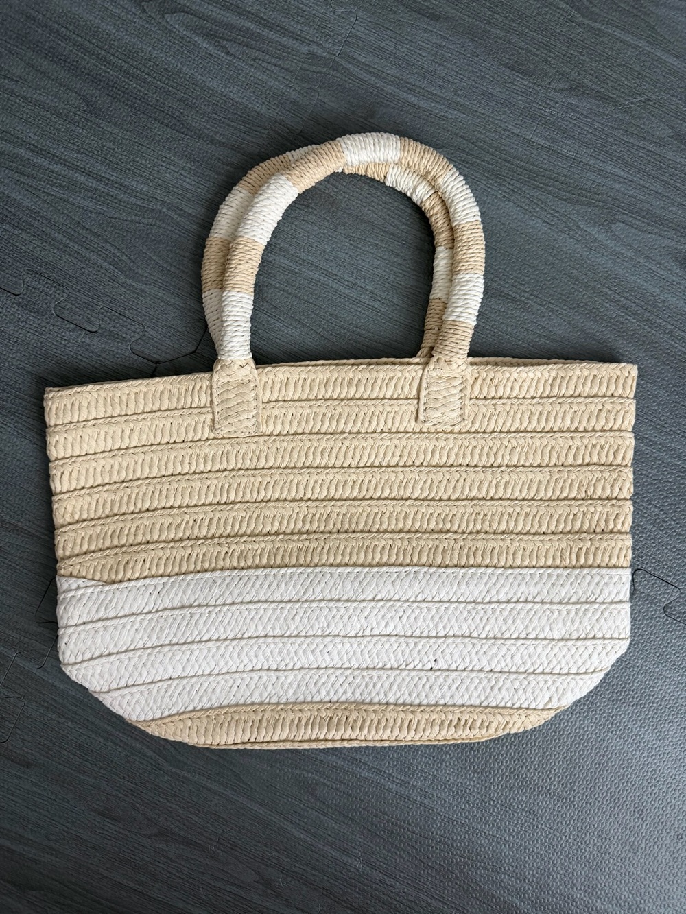 Woven Straw Tote Bag - Beige and White